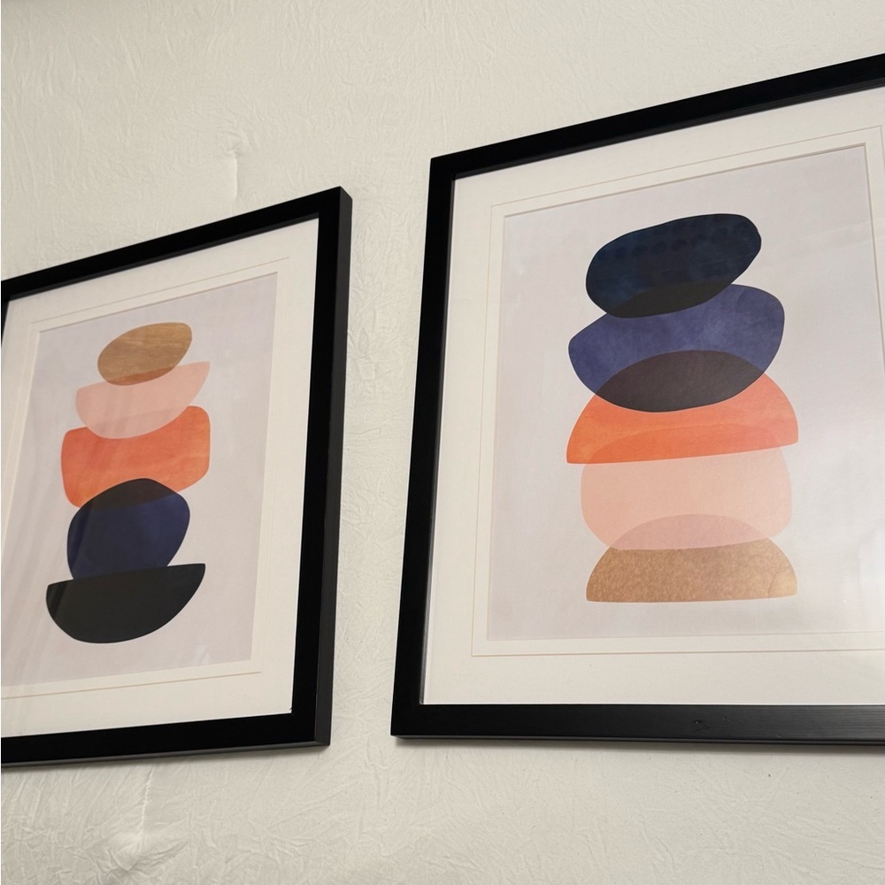 Abstract Stacked Shapes Art Print Set - Black, Orange, Blue